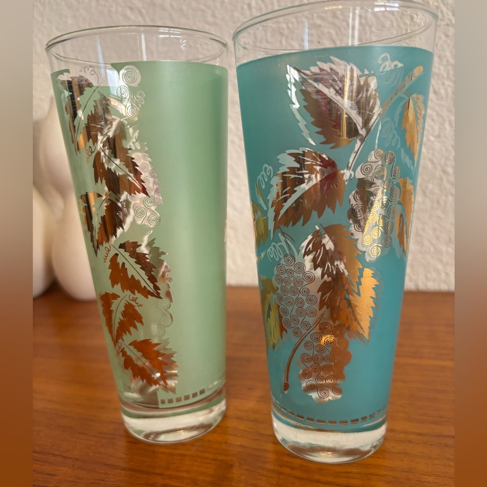 Vintage MCM Bartlett Collins Gold Leaf Hi-Ball Tumblers Mist Green & Teal Set 2